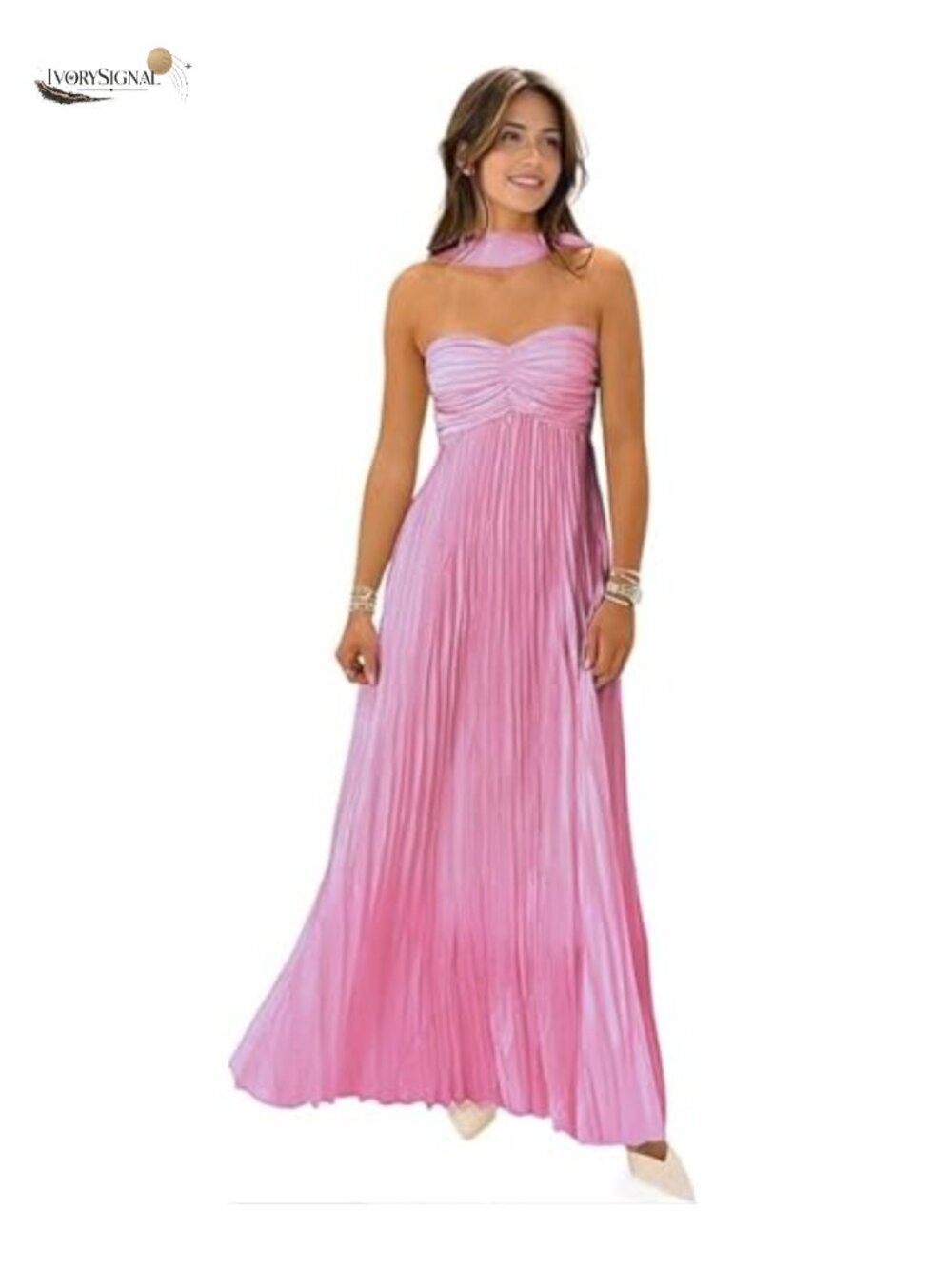 Strapless Satin Bridesmaid Dress with Scarf Pleated Prom Maxi Gown